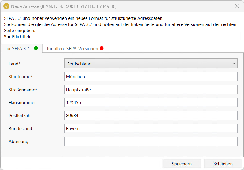 Address dialog - SEPA 3.7 format
