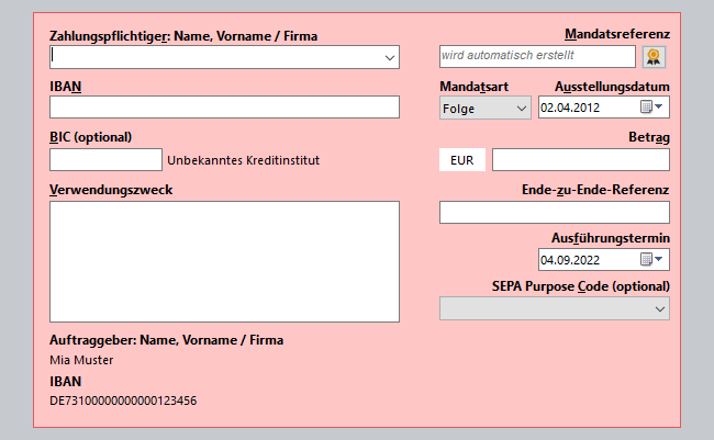 Illustration of the form for SEPA direct debits
