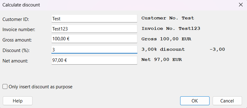 Cash discount calculation dialog