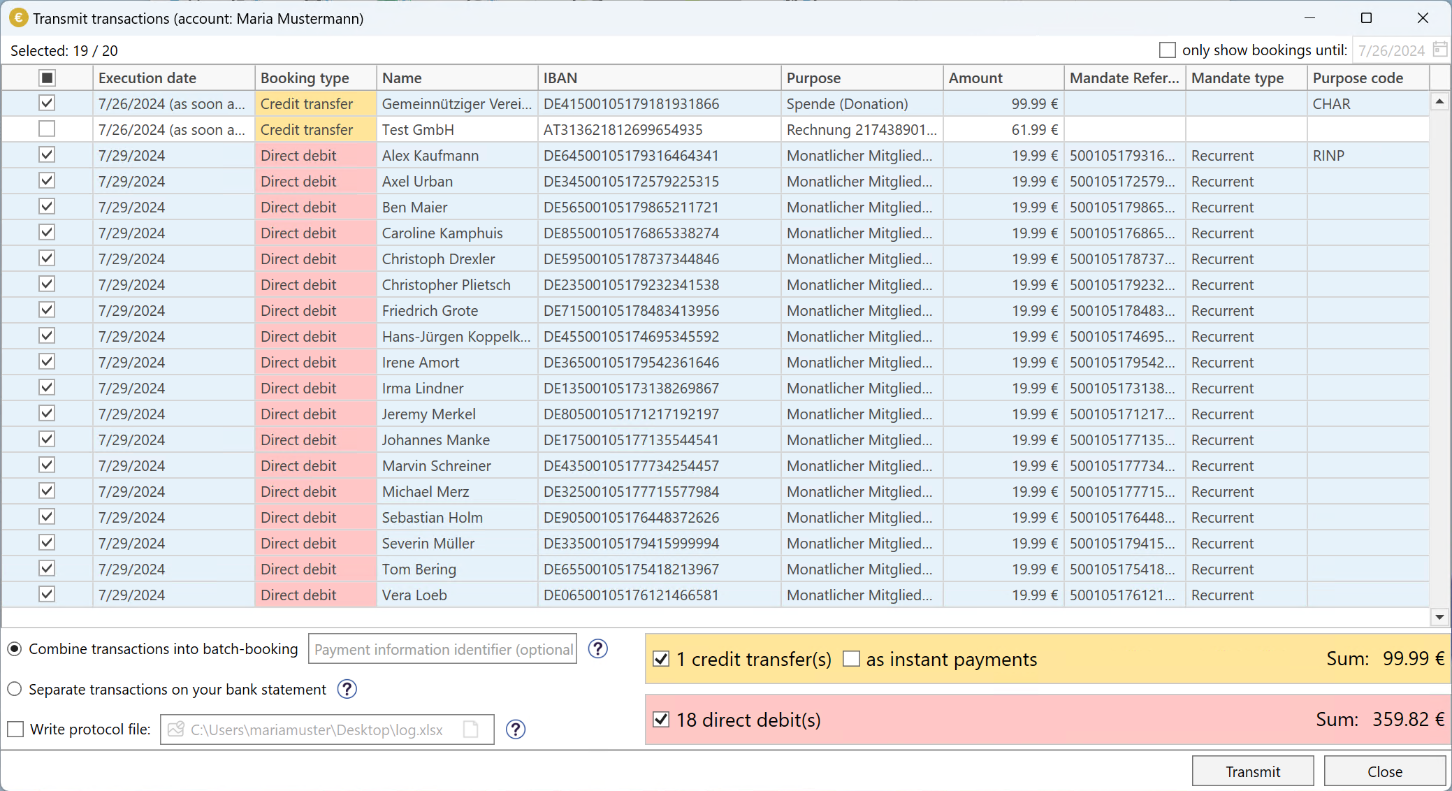Transfer SEPA bookings dialog