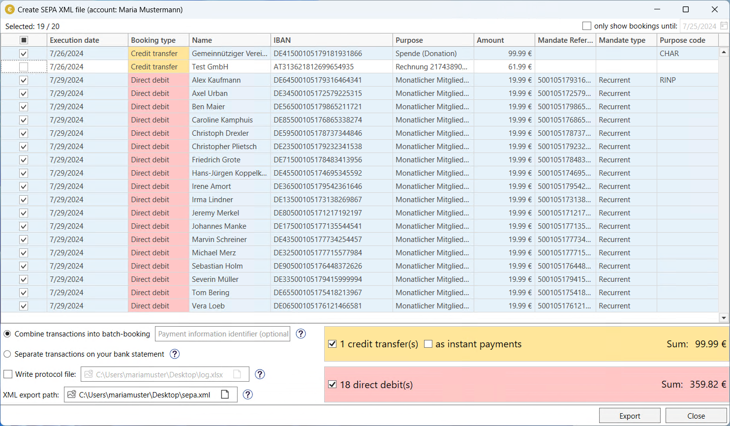 SEPA XML export dialog