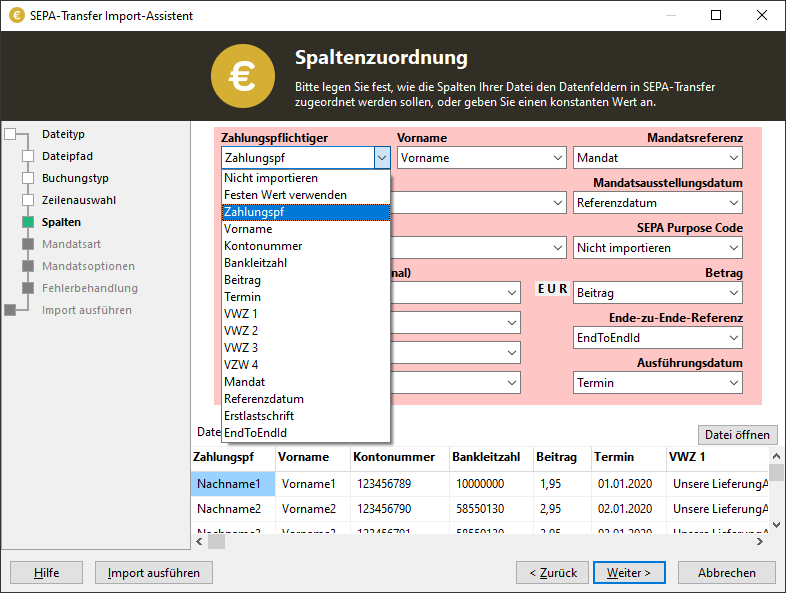 Import wizard column binding