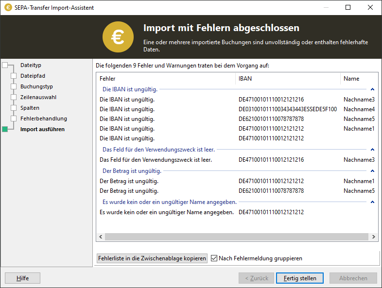 Import wizard error list