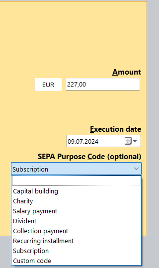 SEPA Purpose Code combo box