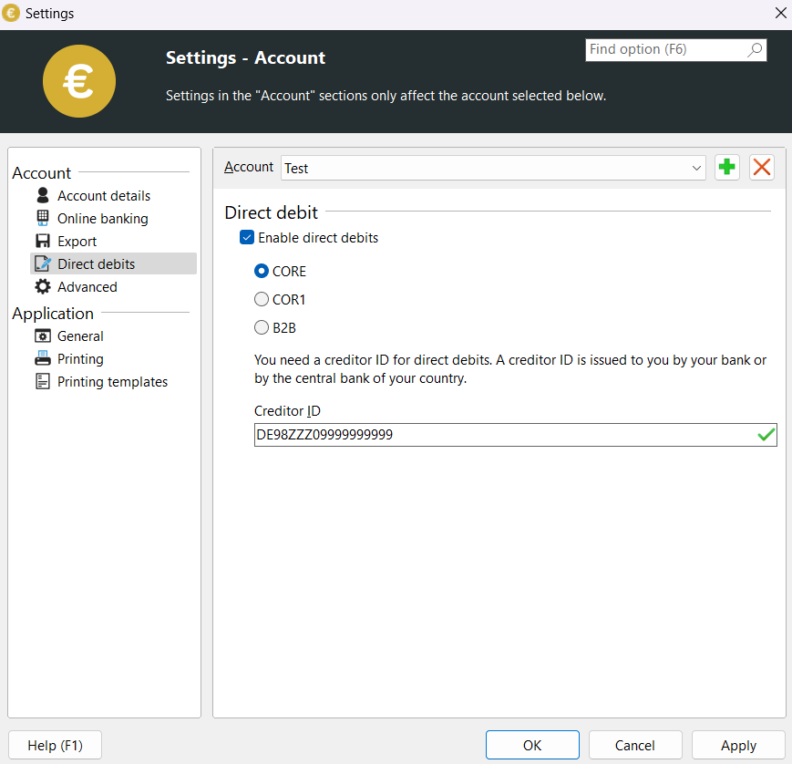 Direct debit settings dialog