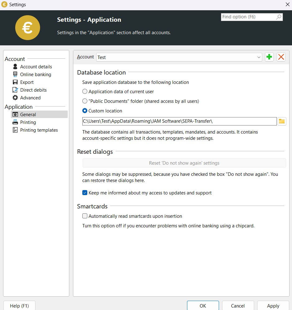 Settings dialog with data storage