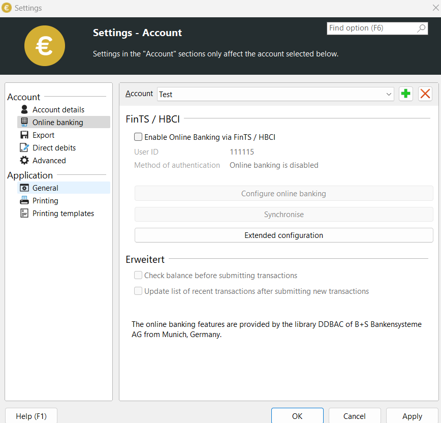 Online banking settings