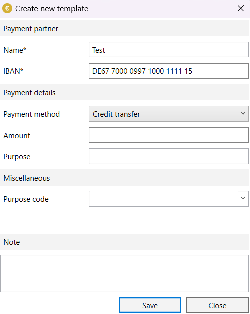 Edit template dialog