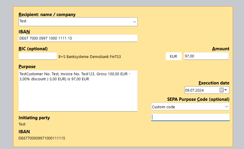 Transfer with cash discount applied to purpose field
